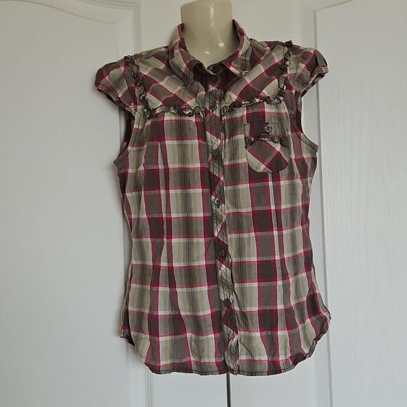 H&M Cotton Button-Down Short Sleeves Ruffled Shirt Hot Pink & Military Green 8 - Picture 2 of 16